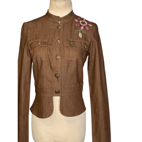 CELL brown floral embroidered denim jacket size S - Picture 10 of 16